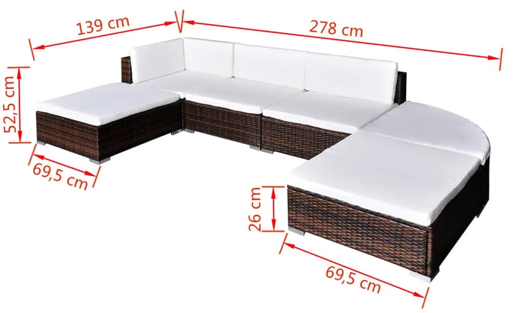 6 pcs conjunto lounge jardim c/ almofadões vime PE castanho