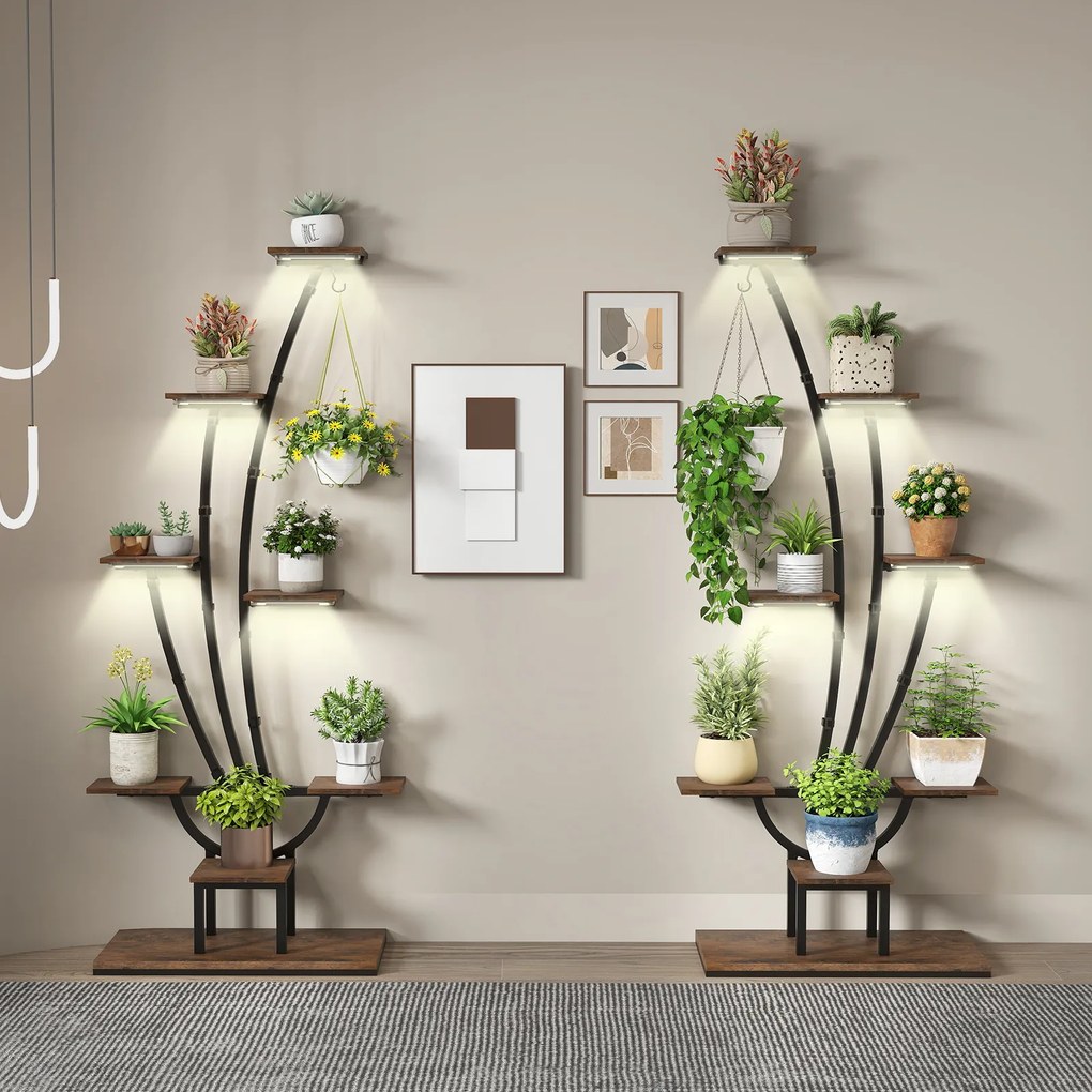 Conjunto de 2 suportes para plantas de interior com luzes. Estante metálica de 8 níveis com gancho para escritório, 67 x 30 x 156 cm, castanho e preto