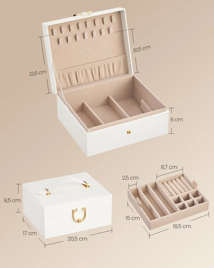 Caixa para joias com 2 níveis 17 x 20,5 x 9,5 cm Ideia para presente branco creme