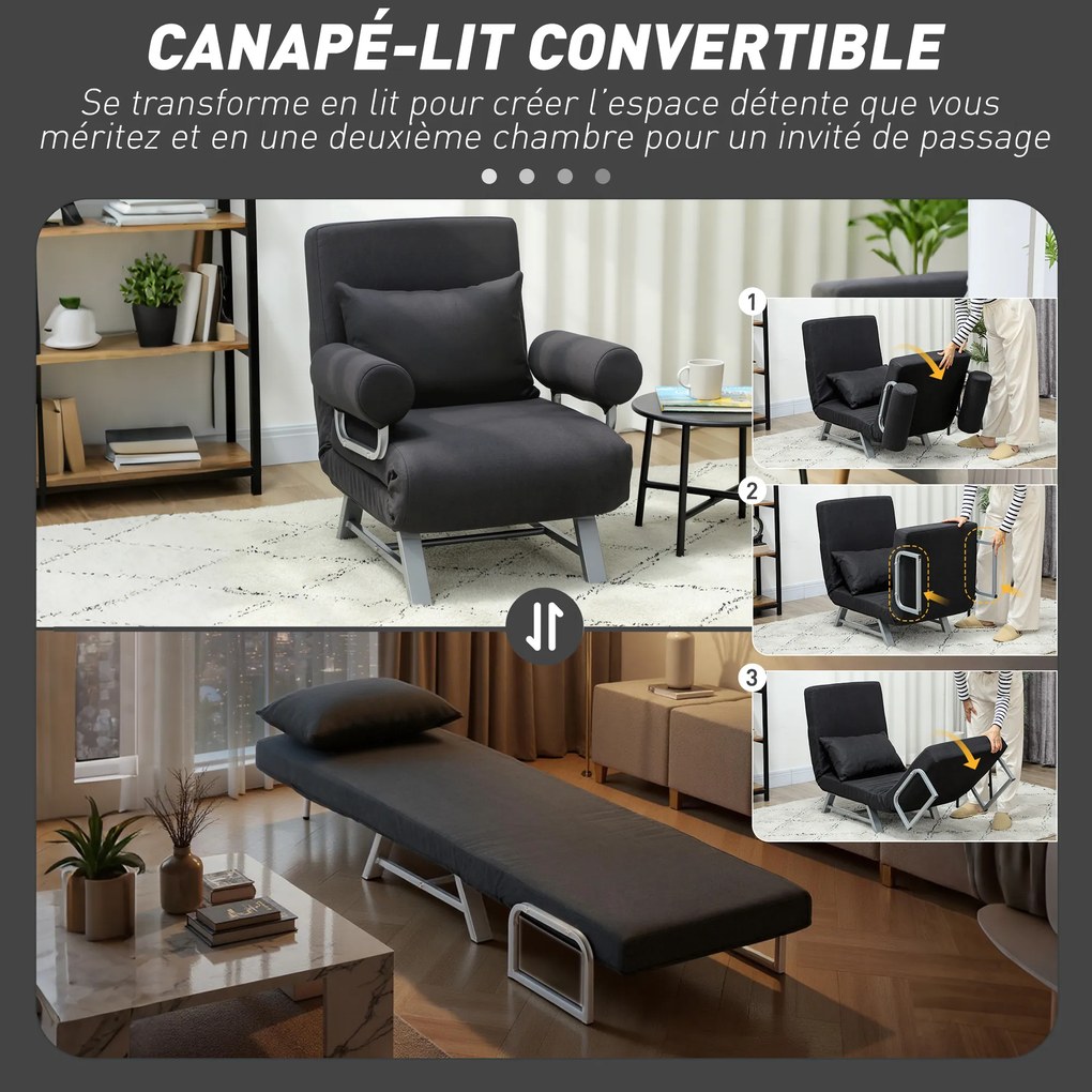Poltrona reclinável convertível em sofá-cama de 1 lugar, com almofada lombar, braços e base em metal, em linho preto
