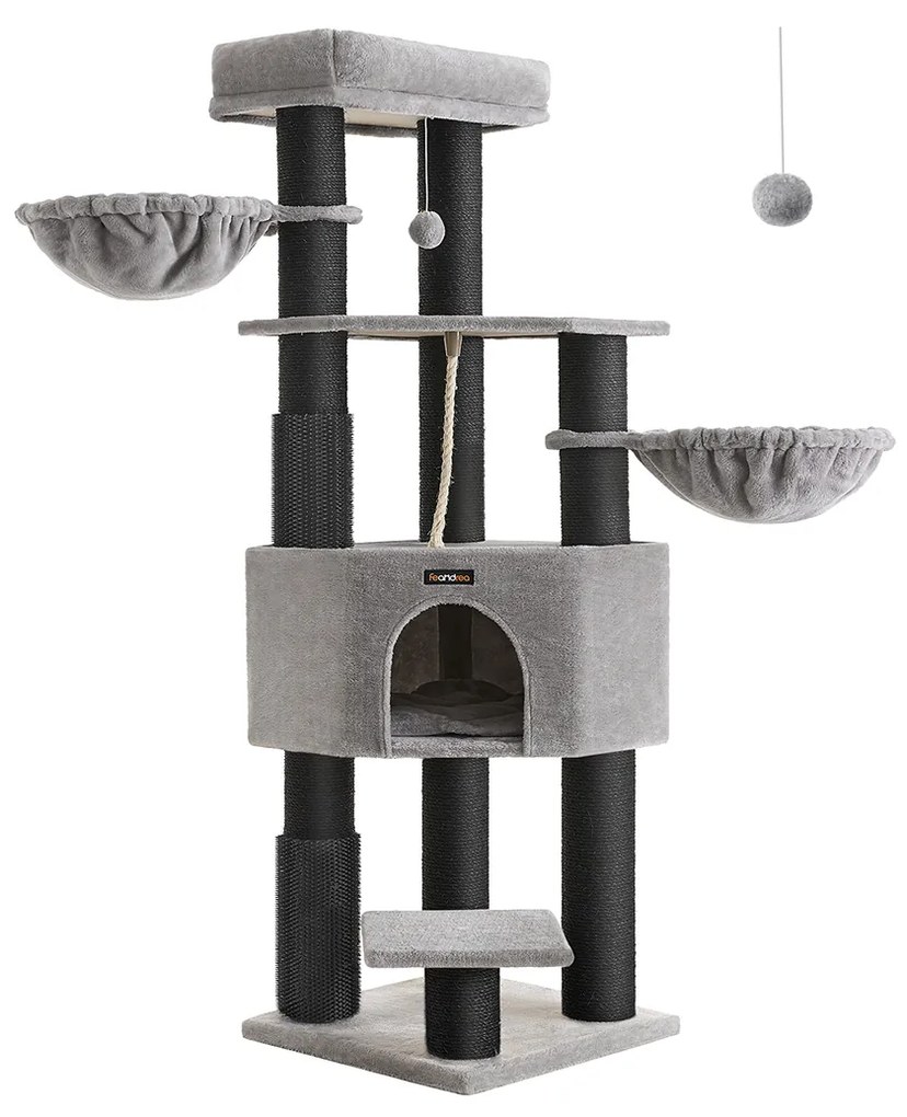 Árvore para gatos Feandrea para gatos grandes, torre resistente com almofadas autoaquecidas, 2 escovas automáticas, 9 arranhadores, poleiro grande, caverna, cestos, 50 x 50 x 160 cm, cinza-pomba e preto PCT003W01