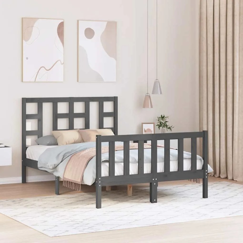 Estrutura de cama de casal c/ cabeceira madeira maciça cinzento
