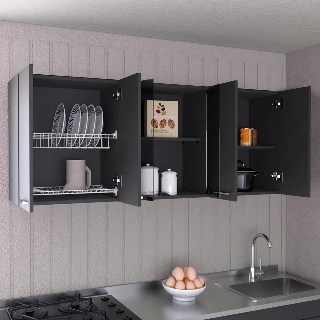 Móvel de parede para cozinha com vidro 150, com várias portas, 60 x 150 x 31,5 cm preto