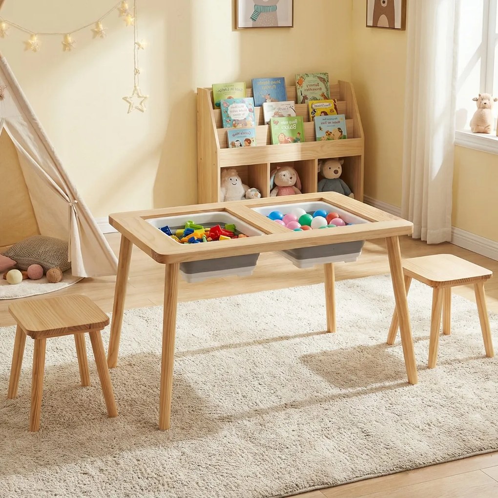 Mesa para crianças 3+ anos sensorial com bancos Superfícies duplas removíveis Baldes e pinho Natural e preto e branco