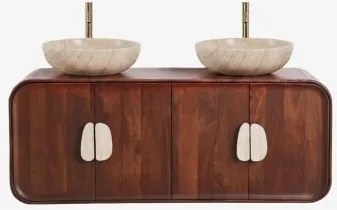 Conjunto De Móvel De Casa De Banho Dupla Suspensa 130x45 Cm Em Madeira De Manga E Pedra Natural Kivalina Travertino - Madeira De Mangueira Escura & -