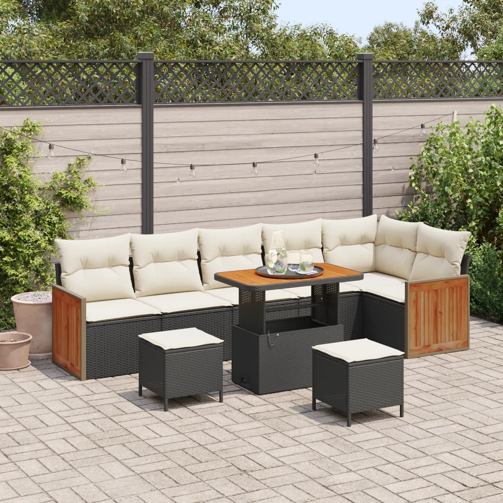 Conjunto de Sofás de Jardim de 9 Peças com Almofadas pretas em Vime Sintético