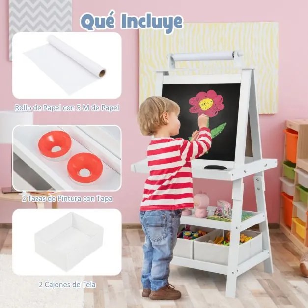 Cavalete infantil de dupla face 3 em 1 com 2 prateleiras 2 caixas e tabuleiro grande 59 x 50 x 117 cm Branco