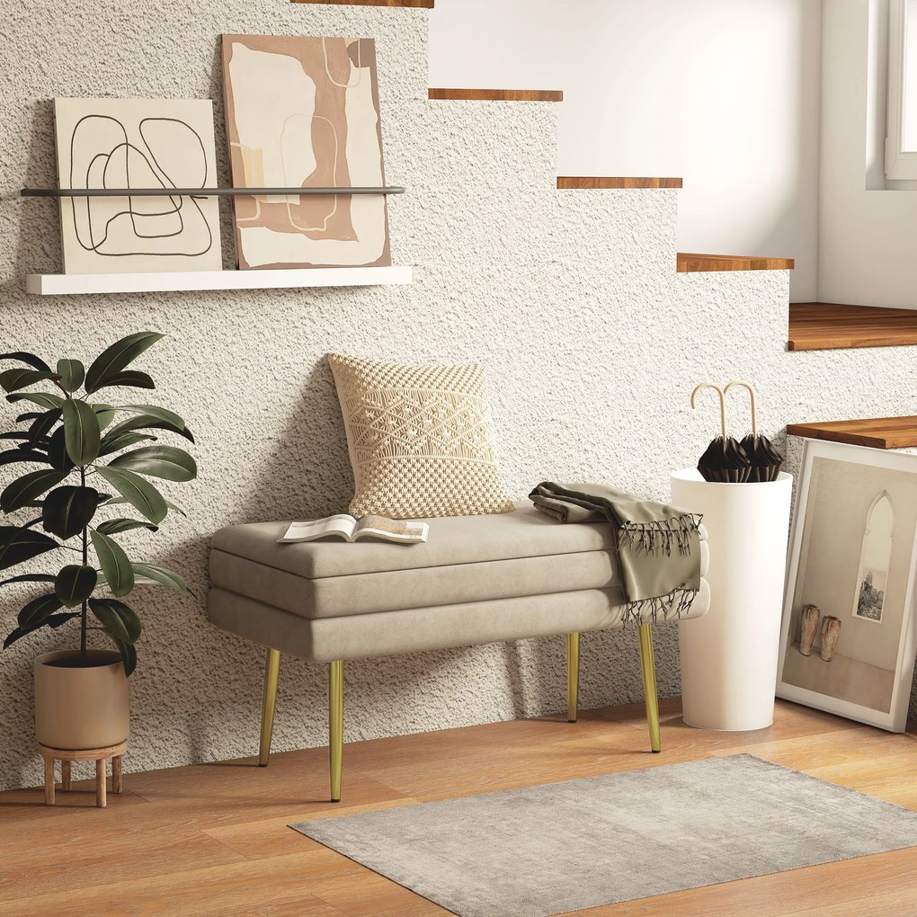 Banco Pé de Cama 30L Banco com Armazenamento para Dormitório Estofado em Veludo 79,5x37,5x43 cm Bege