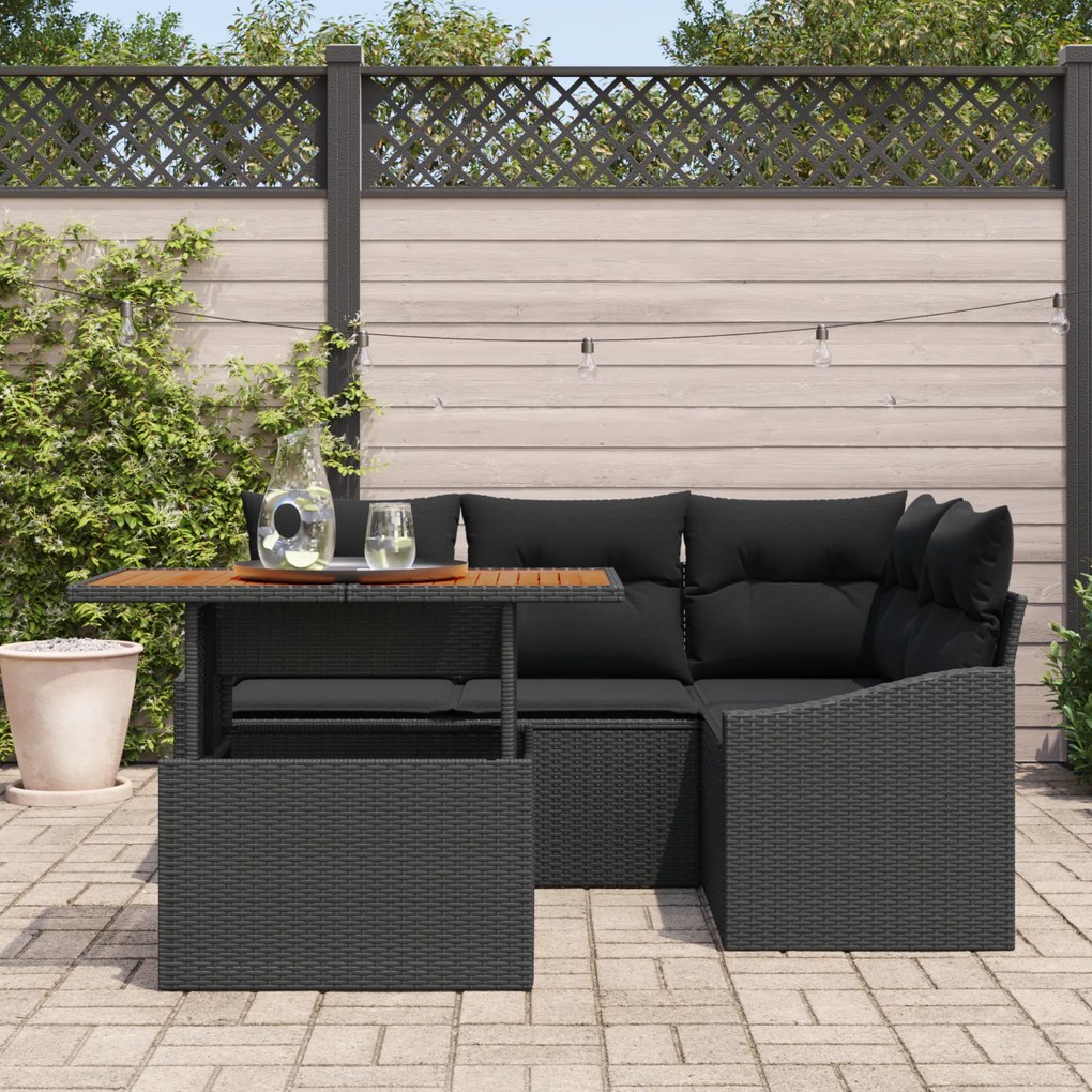 Conjunto de Sofás de Jardim 5 Peças com Almofadas Preto Rattan Poliést
