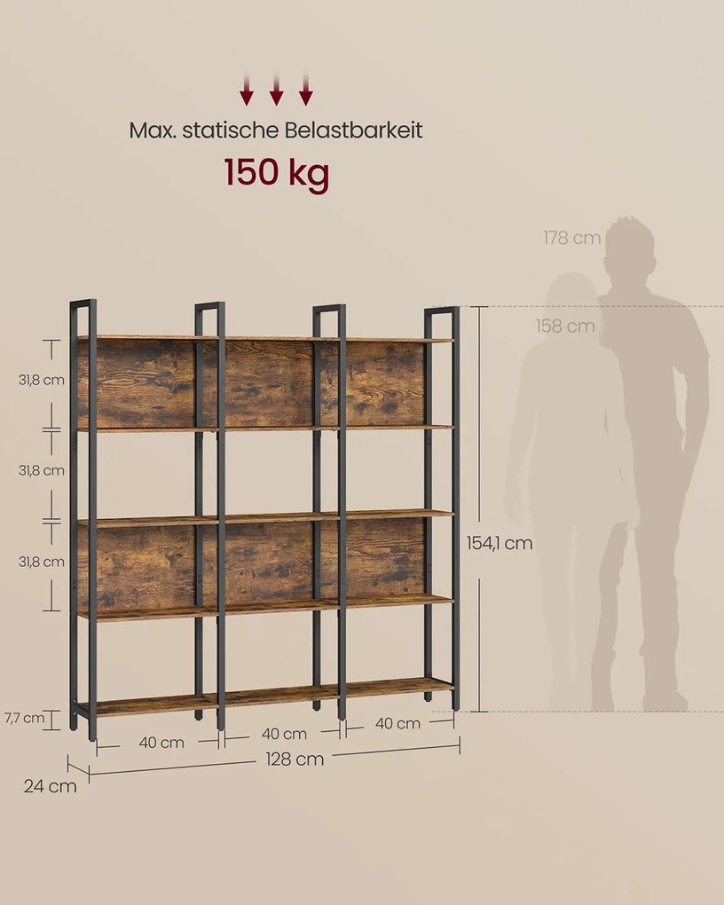 Estante com 5 prateleiras abertas 24 x 128 x 154,1 cm Castanho vintage + Preto
