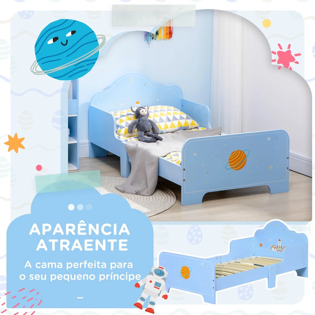 Cama para Crianças de 3-6 Anos 143x74x59cm Cama Infantil de Madeira com Barreiras de Proteção Carga Máxima 80kg Azul