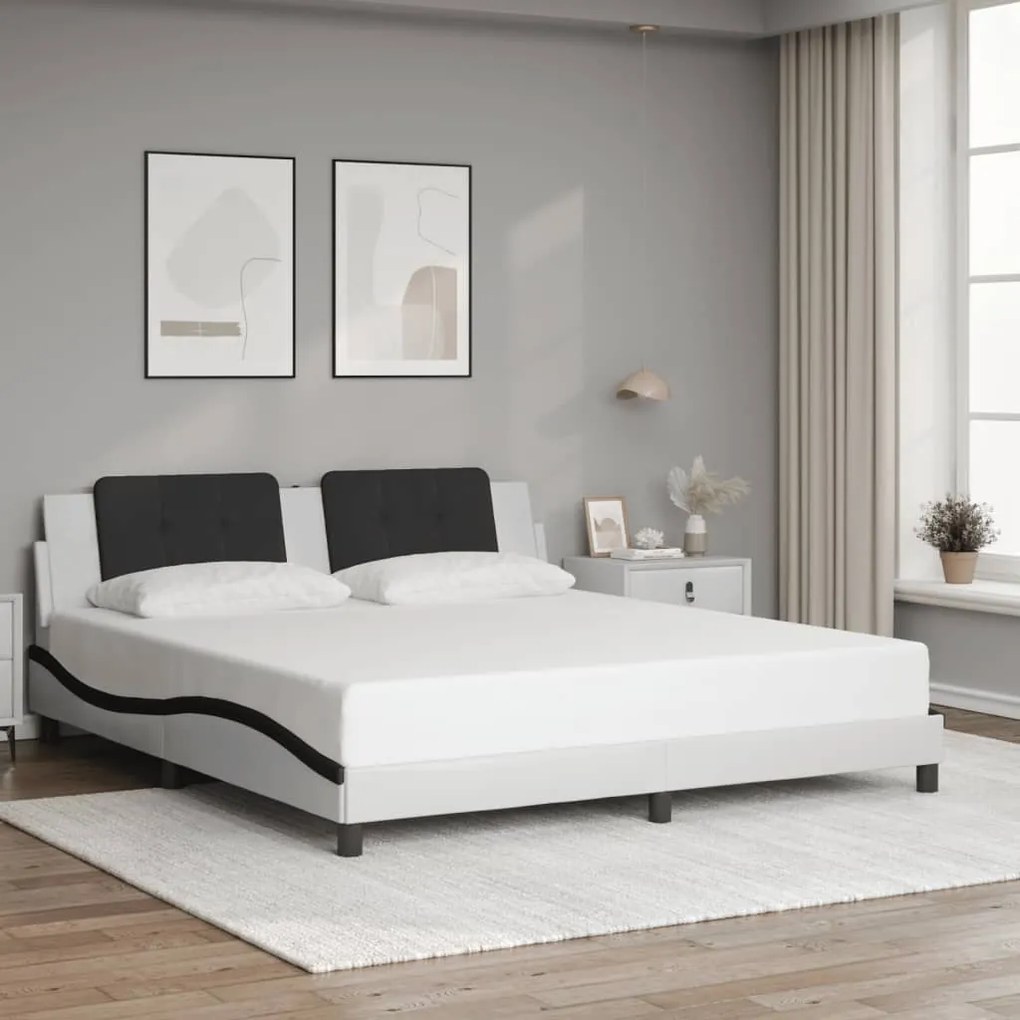 Estrutura de cama c/ cabeceira couro artificial branco e preto