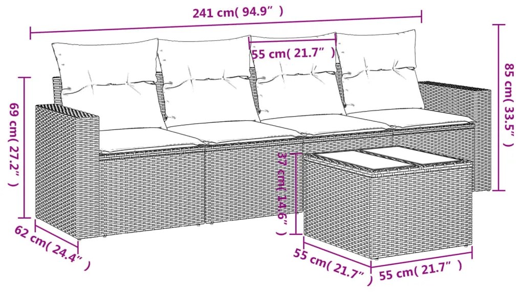 5 pcs conj. sofás jardim c/ almofadões vime PE cinzento-claro