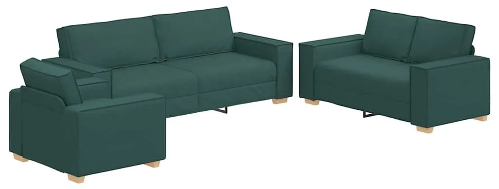 Conjunto de Sofá de 3 Peças com Almofadas em Tecido Verde Escuro