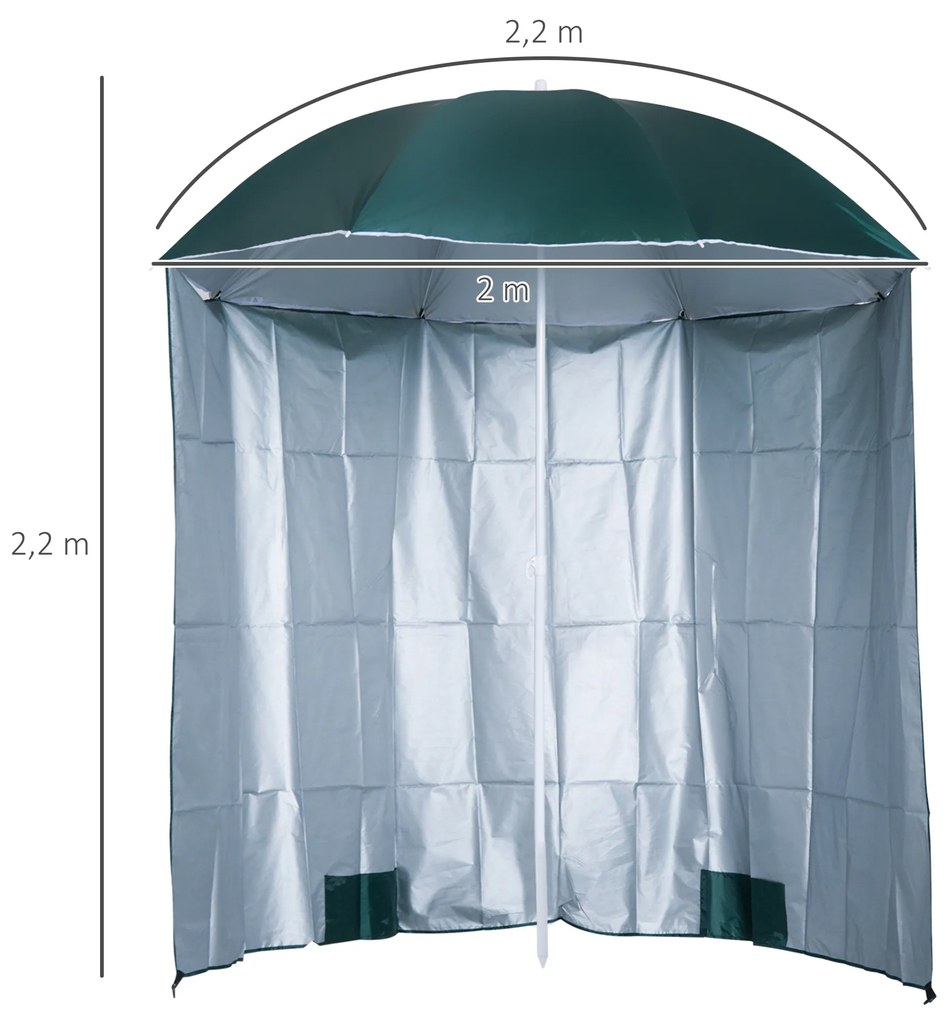 Chapéu de Sol de Praia com Painel Lateral Ø220x220 cm com Manivela Manual 8 Hastes de Aço e Bolsa de Transporte Verde