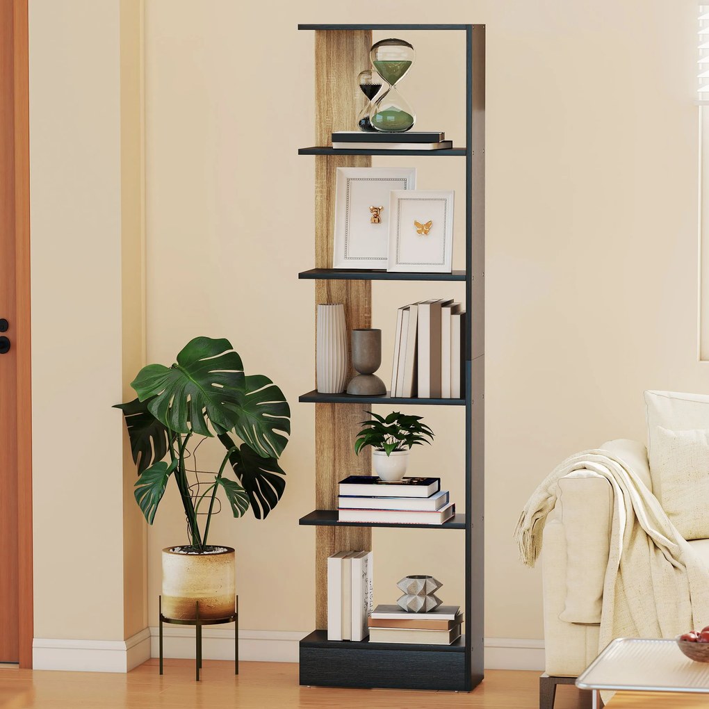 Estante de arrumação com 5 compartimentos abertos, 45 x 21 x 170 cm, preta e em cor carvalho