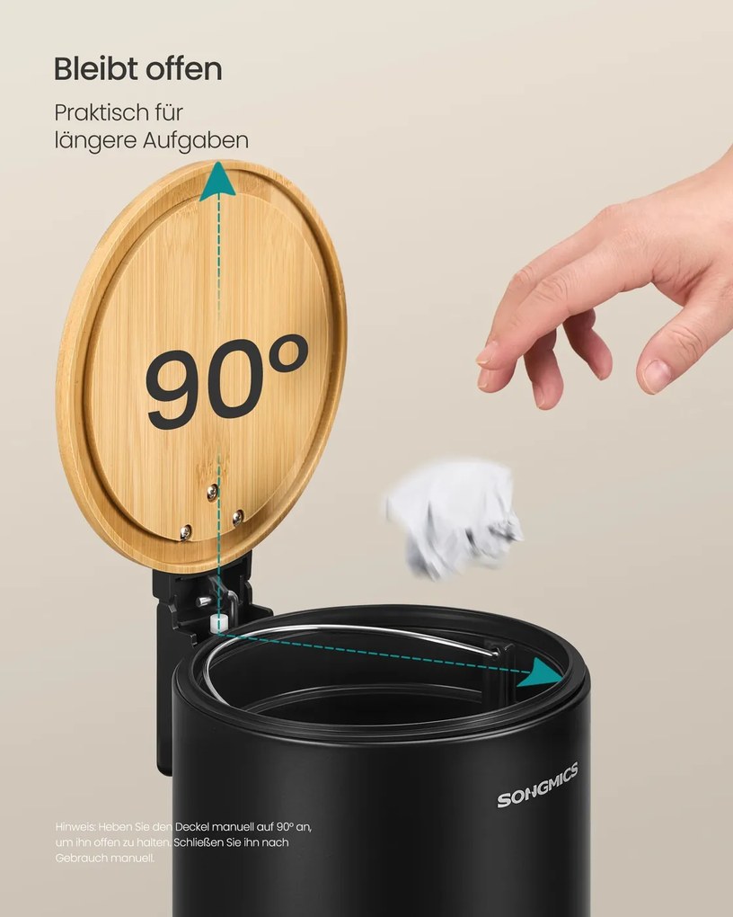 Caixote de lixo para casa de banho com tampa e pedal silencioso, 3 litros, preto