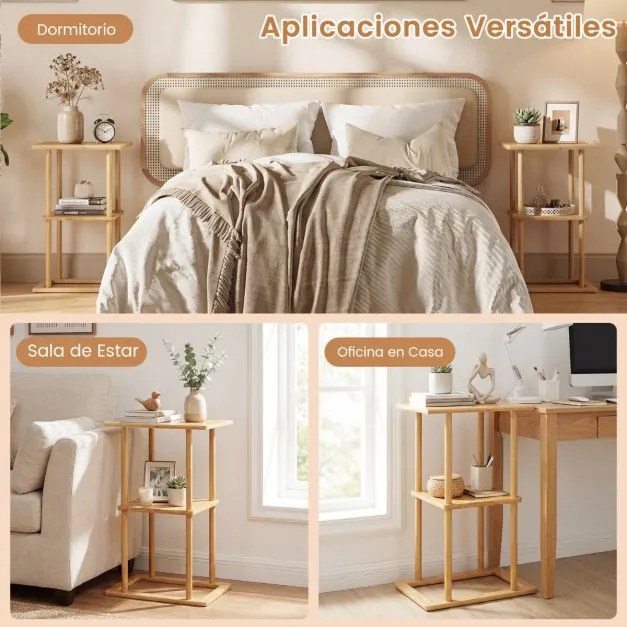 Conjunto de 2 mesas laterais retangulares de bambu 40 x 28 x 65 cm com prateleiras de arrumação para canto de sala de estar ou quarto Natural