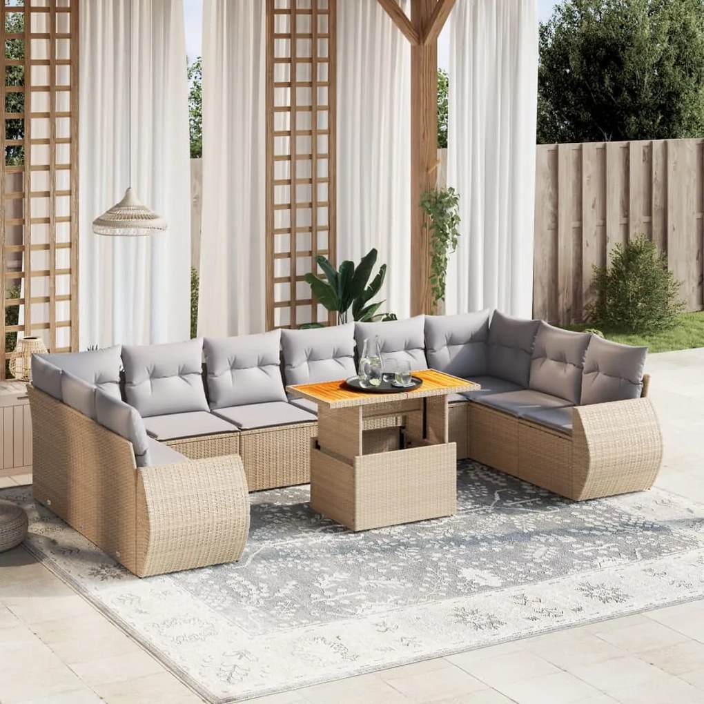 11 pcs conjunto sofás de jardim c/ almofadões vime PE bege
