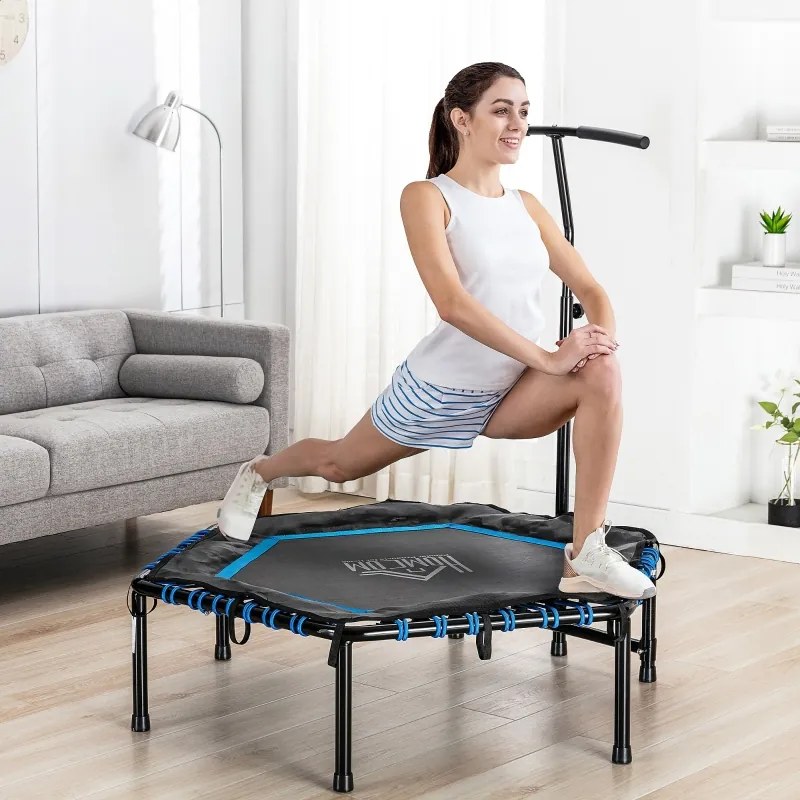 Trampolim Fitness Ø122 Cama Elástica com Guiador Ajustável de 3 Níveis 122-138cm com Capa Protetora e Estrutura de Aço para Interiores e Exteriores Pr