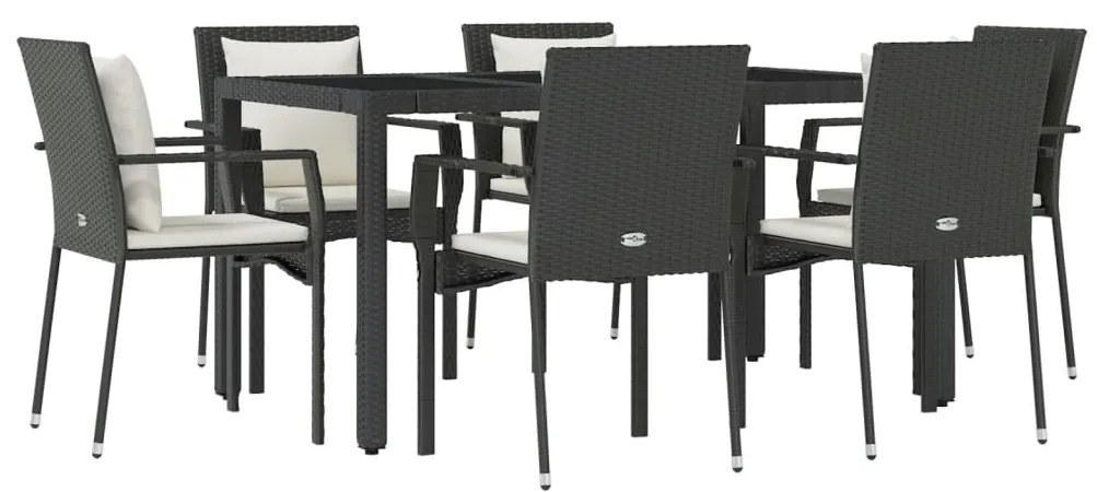 7 pcs conjunto de jantar p/ jardim c/ almofadões vime PE preto