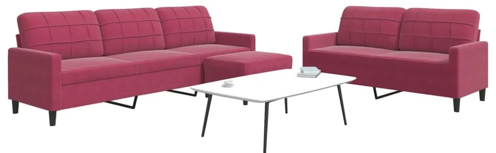 3 pcs conjunto de sofás com almofadões veludo vermelho tinto