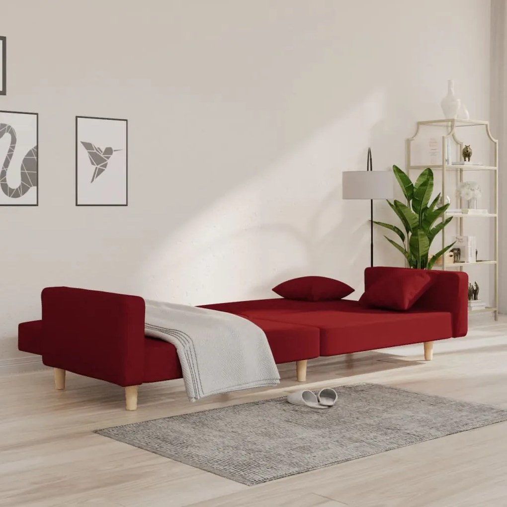 Sofá-cama 2 lugares com duas almofadas tecido vermelho tinto