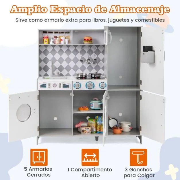 Cozinha Brincar para crianças com mais de 3 anos, em madeira, com máquina de gelo, fogão, máquina de lavar roupa, forno micro-ondas, sons e luzes reai