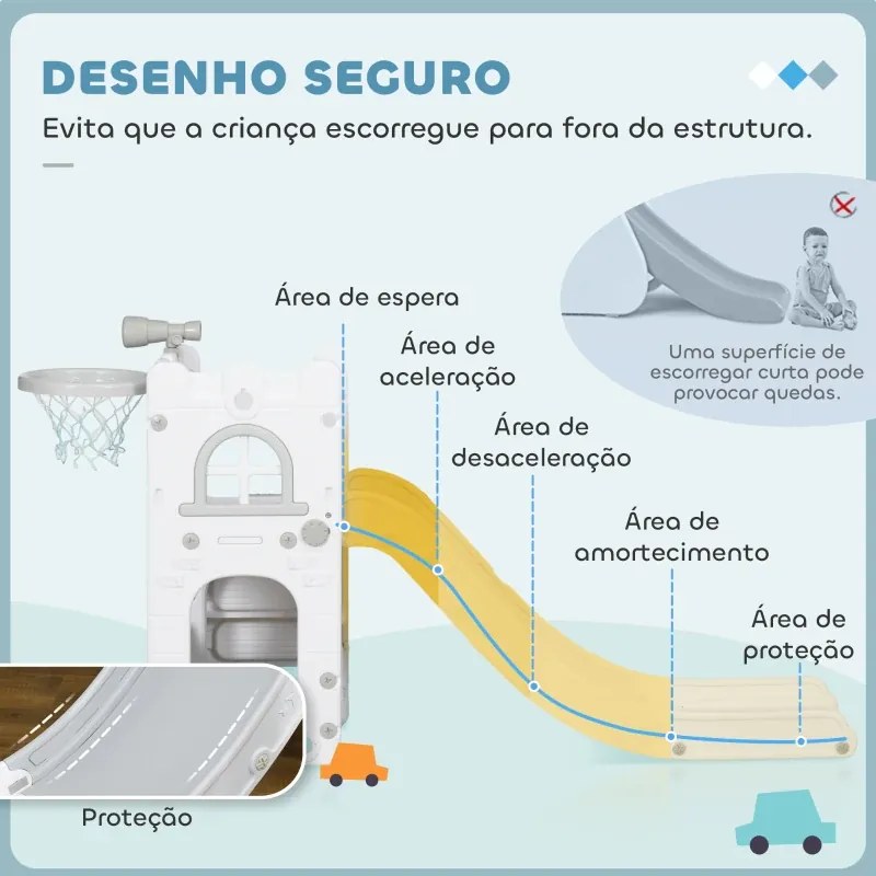 Escorrega Infantil 5 em 1 para Crianças com Cesto de Basquetebol Telescópio Escalador e Cesta Inferior 70x177x92 cm Branco e Cinza