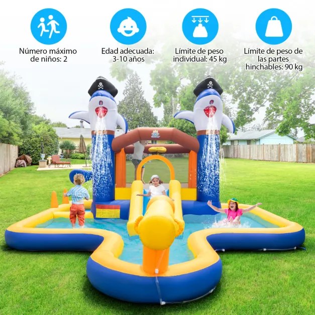 Castelo insuflável grande 7 em 1 Parque de escorregas aquático insuflável com piscina Canhão de água para crianças 3-10 anos 578 x 408 x 250 cm (Sem c