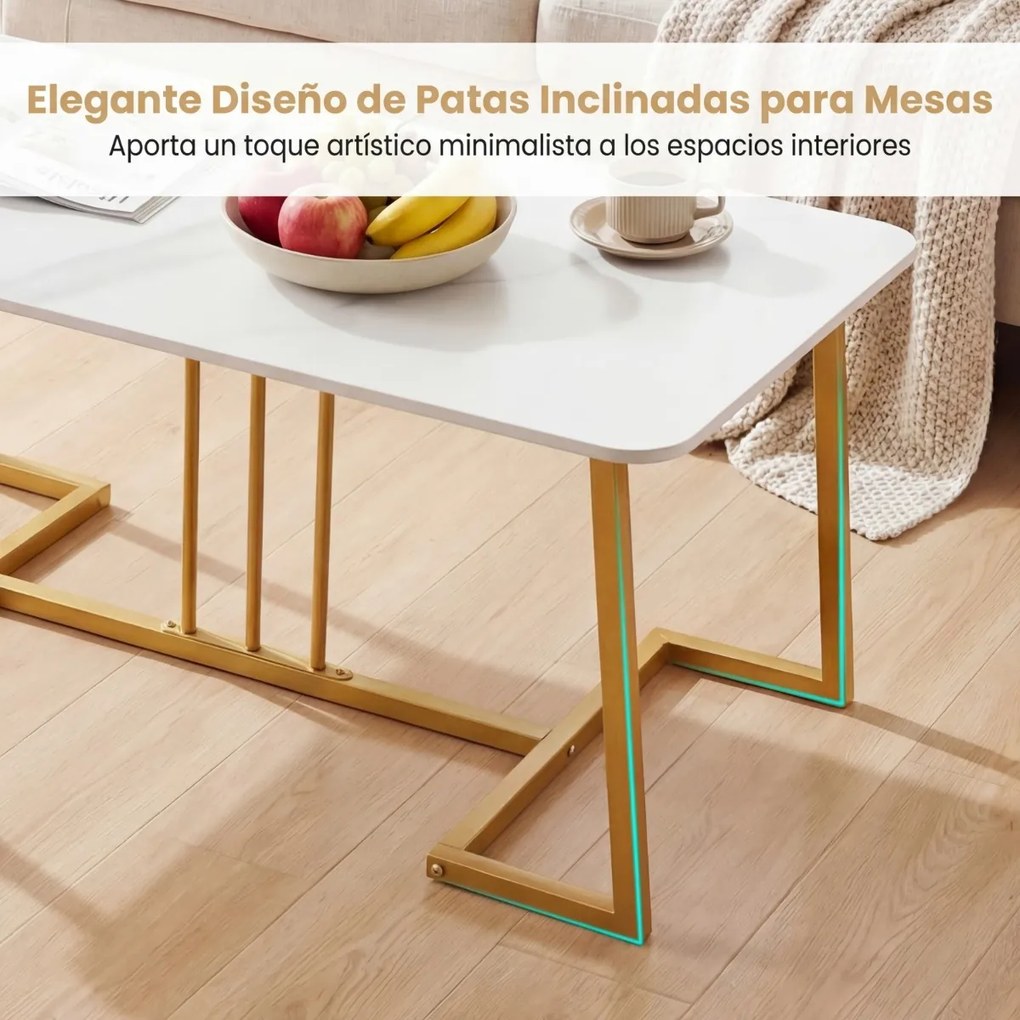 Mesa centro com tampo em pedra Sierra Nevada estilo mármore e estrutura dourada, 90 x 50 x 41,5 cm Branco + Dourado