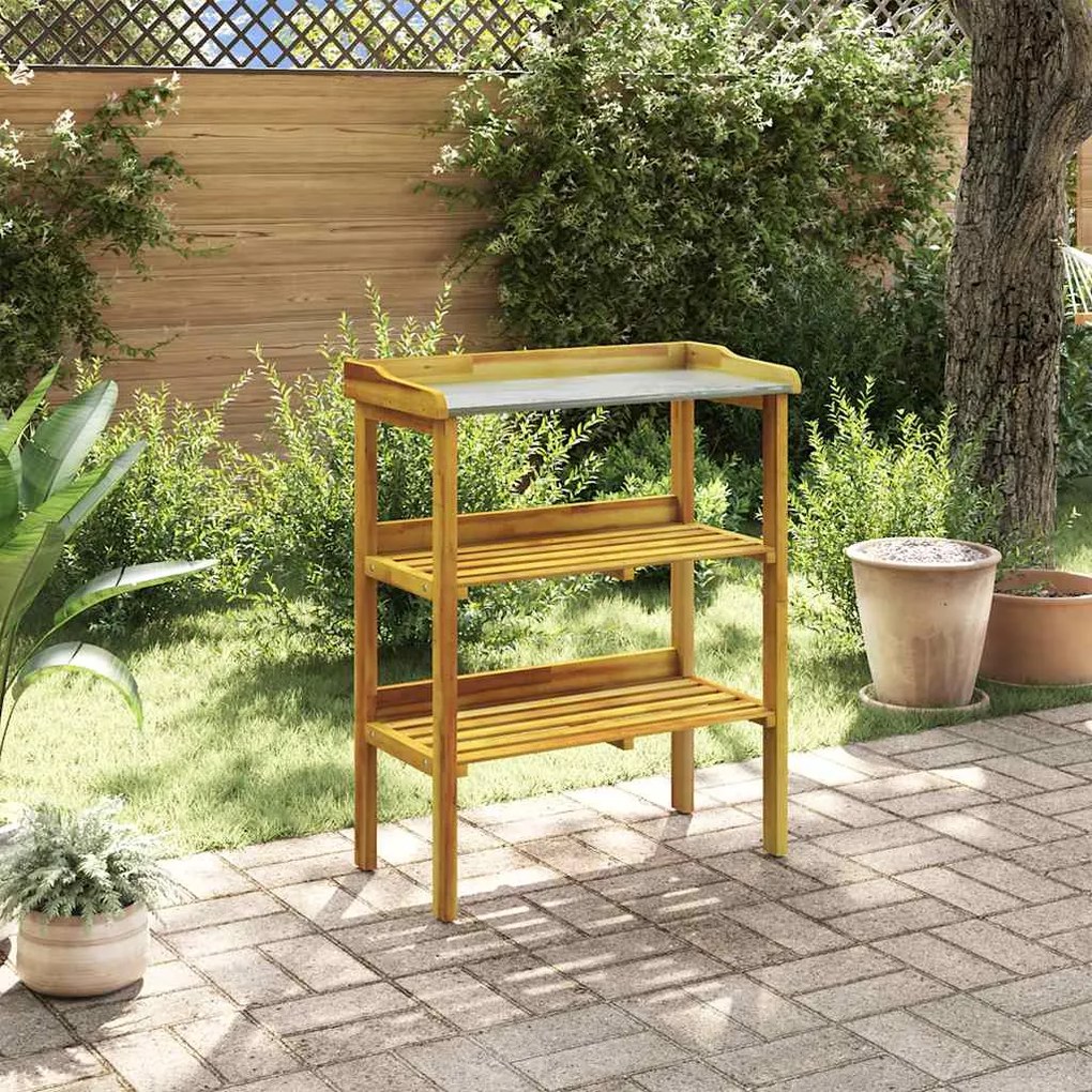 vidaXL Mesa jardinagem c/ 2 prateleiras madeira acácia maciça e zinco