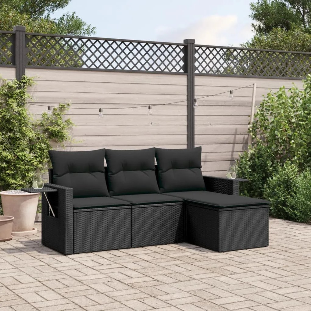 4 pcs conjunto de sofás para jardim c/ almofadões vime PE preto