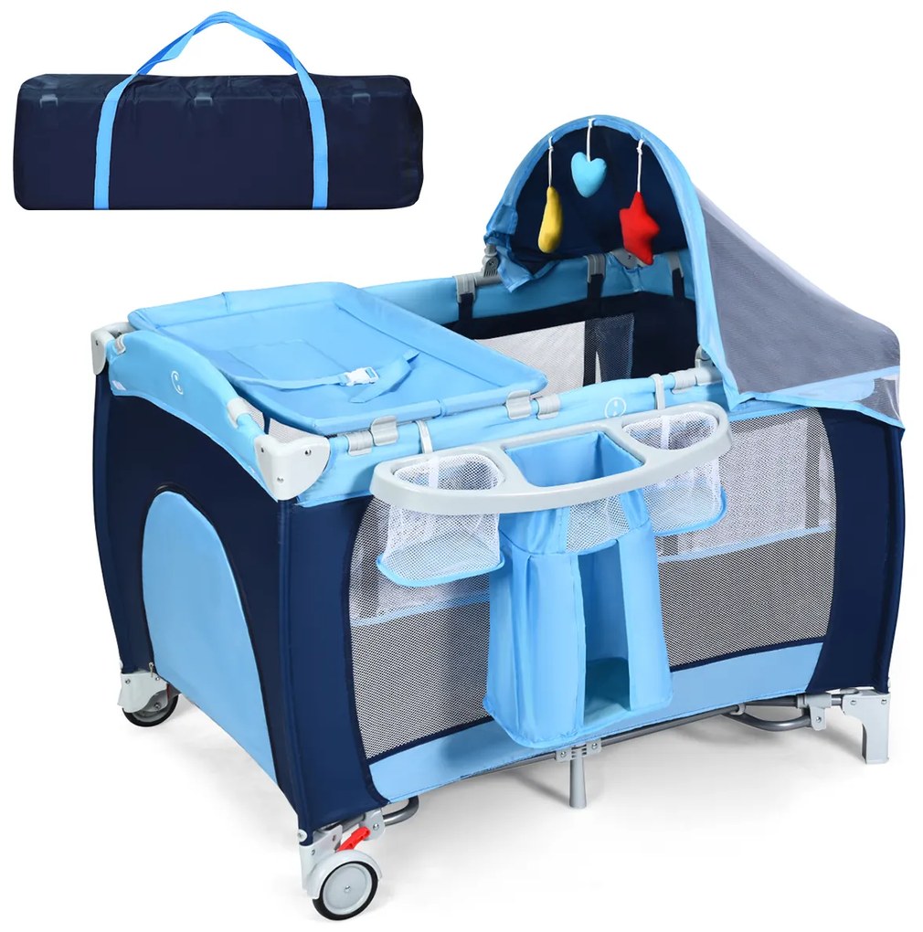 Berço 4 em 1 Dobrável para Crianças com Mudança de Mesa toldo de Rodas Lateral da Porta de Pendurar Brinquedos e Centro de Actividades Portáteis Azul