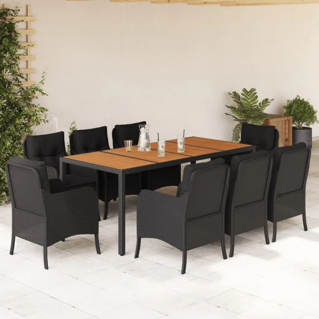 9 pcs conjunto de jantar p/ jardim c/ almofadões vime PE preto