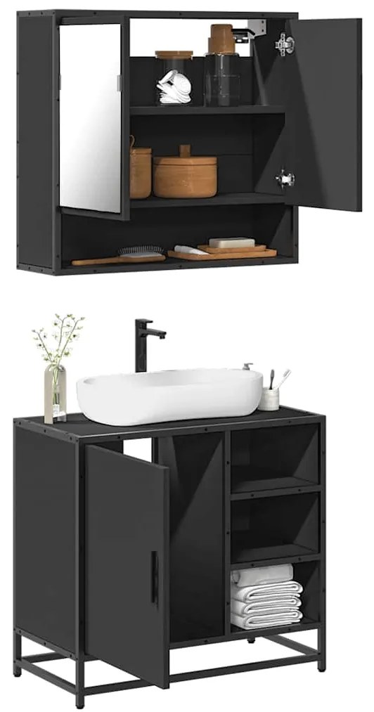 vidaXL 2 pcs conjunto móveis casa de banho derivados de madeira preto