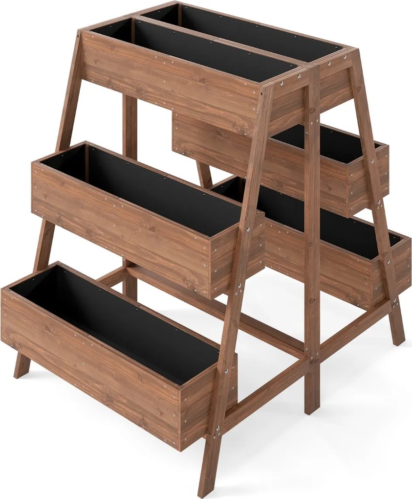 Floreira de jardim elevada de vários níveis em madeira com base de ripas e forro preto para interior e exterior castanho