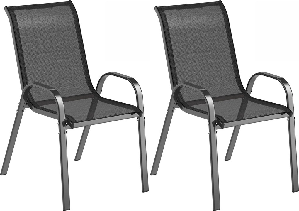 Outsunny Conjunto 2 Cadeiras de Jardim Empilháveis com Apoios de Braço Curvos, em Aço e Tecido Respirável, 54x71x93 cm, Preto | Aosom Portugal