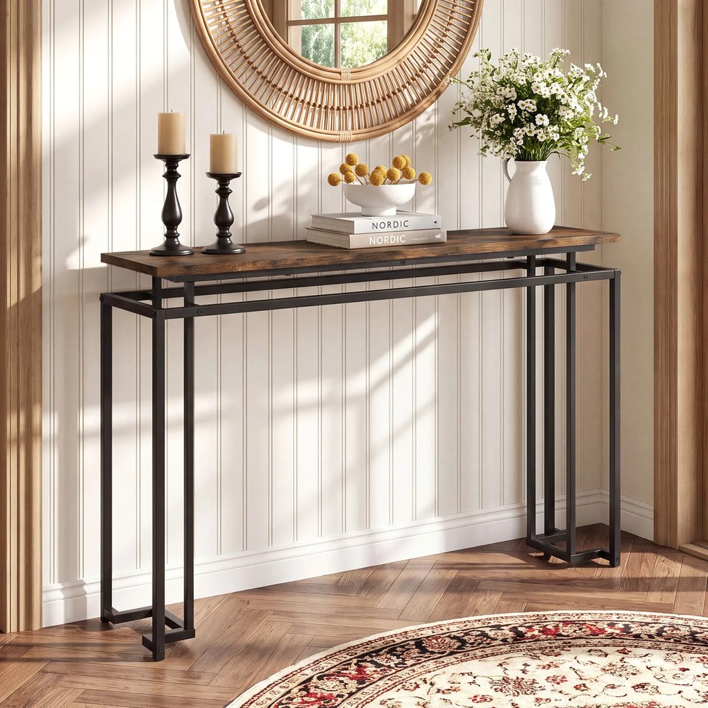 Mesa de Consola de 2 Níveis, 120 x 30 x 81 cm, Estrutura Metálica Resistente, Castanho+Preto