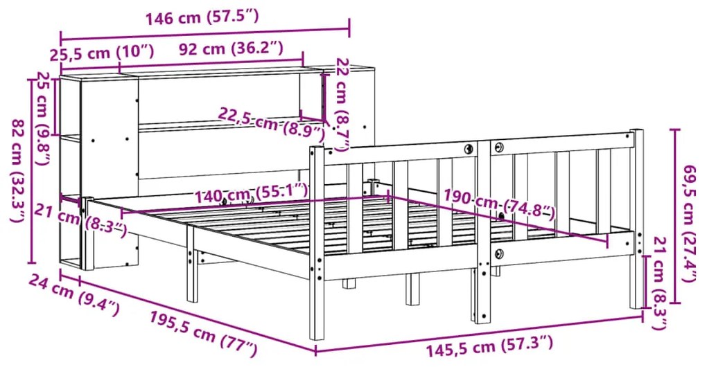 Cama com estante sem colchão 140x190 cm pinho maciço