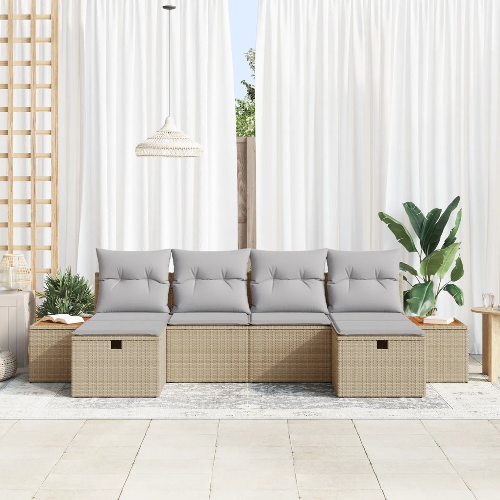 Conjunto de Sofá de Jardim de 6 Peças com Almofadas Bege em Vime Sinté