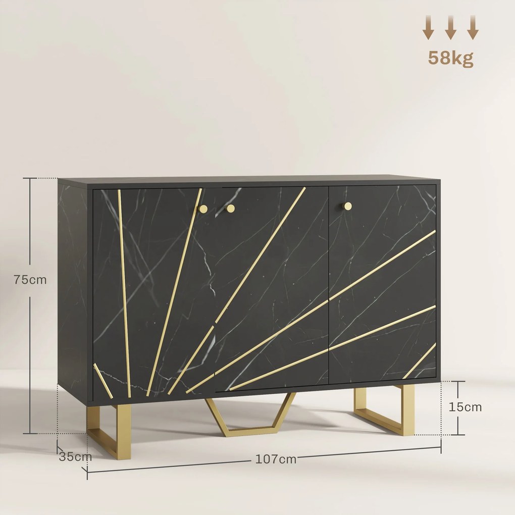 Aparador de Sala de Estar com 2 Armários e Prateleira Interior Ajustável com Efeito Mármore 107x35x75 cm Preto e Dourado