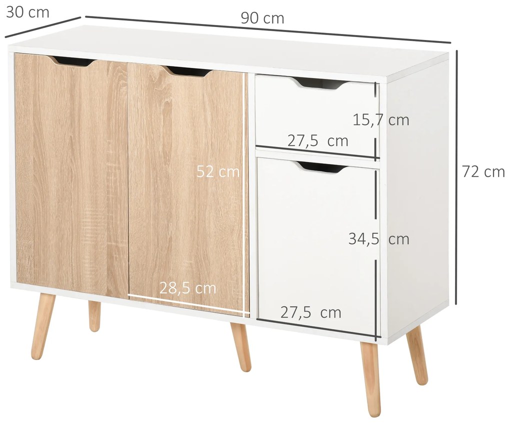 Aparador Móvel Auxiliar de Armazenamento com 2 Armários de Porta Gaveta Pés de Madeira para Sala de Estar Cozinha Dormitório 90x30x72cm Natural e Bran