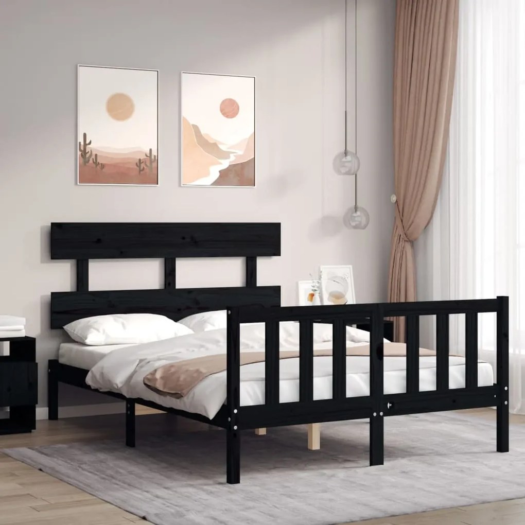 3193245 vidaXL Estrutura de cama de casal c/ cabeceira madeira maciça preto