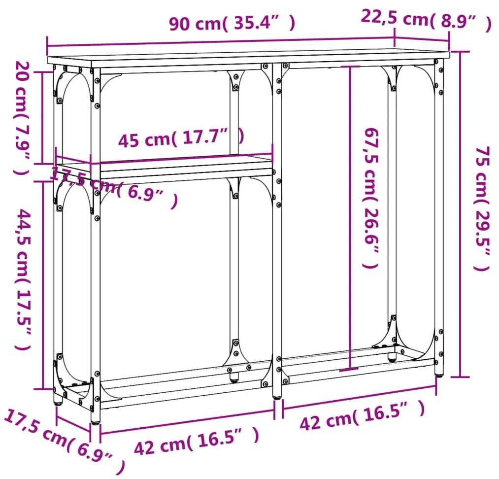 Mesa consola 90x22,5x75 cm derivados de madeira cinzento sonoma