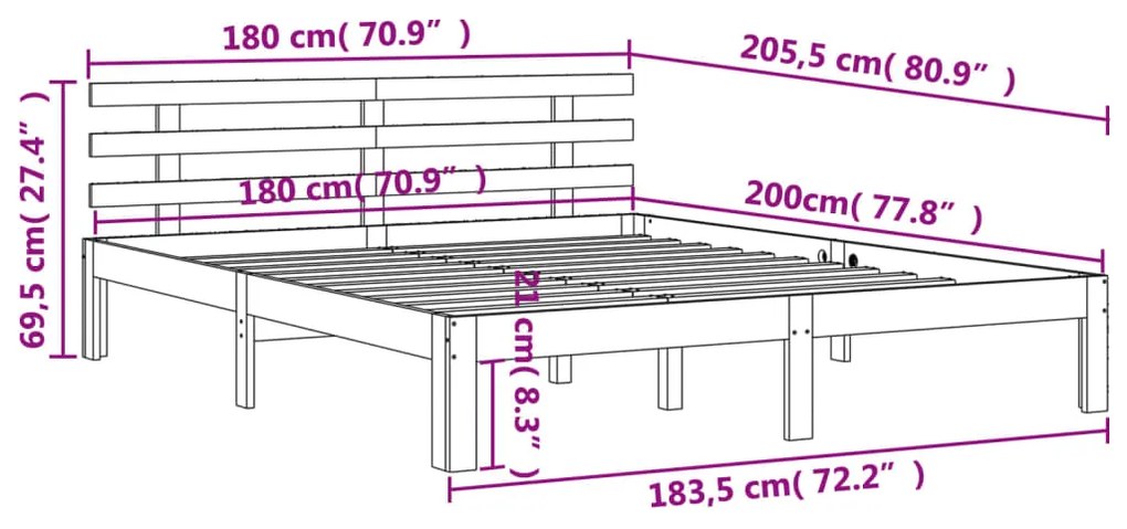 Estrutura cama c/ cabeceira 180x200cm pinho maciço castanho-mel