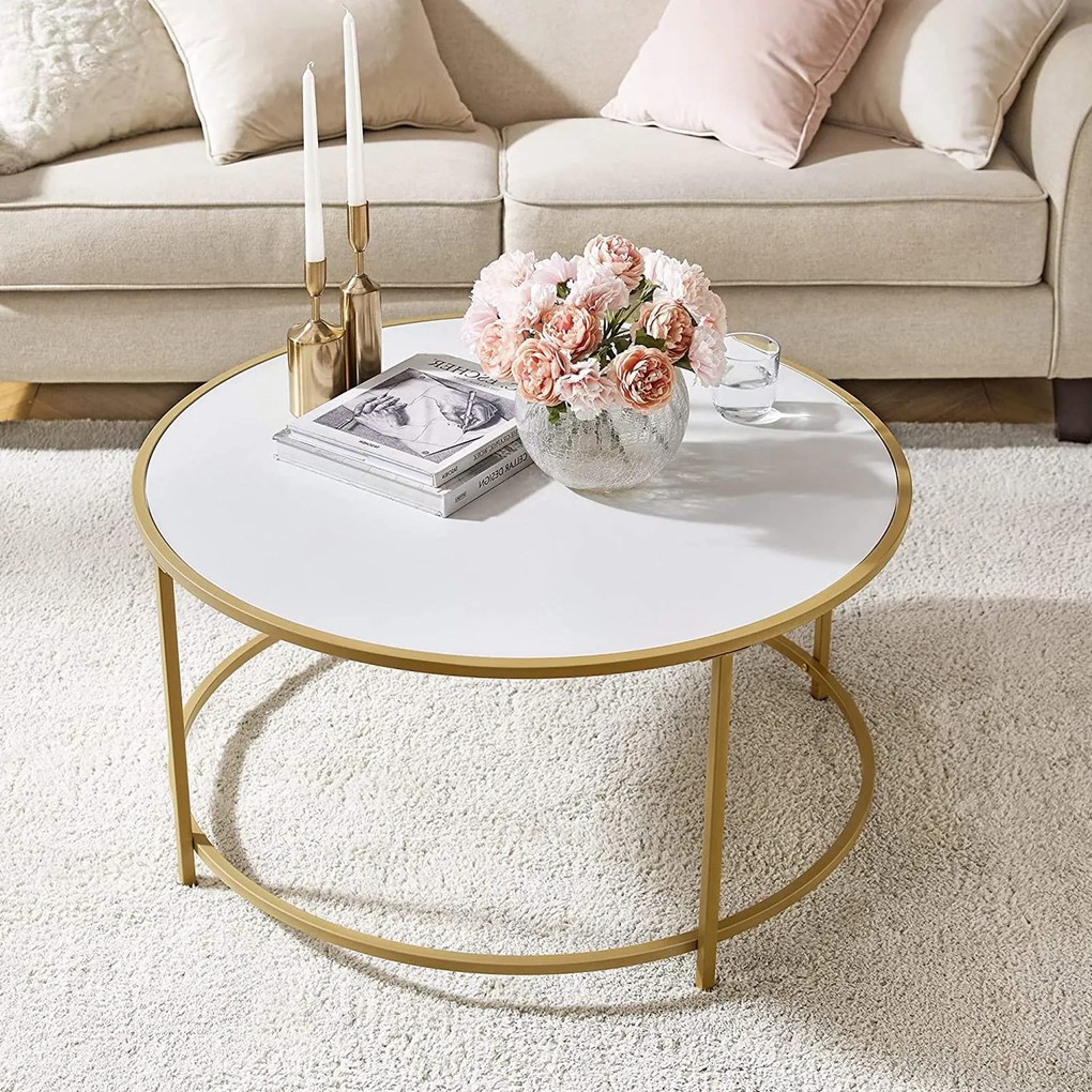 Mesa de centro redonda com estrutura metálica 84 x 45,5 cm (Ø x H) branco-dourado