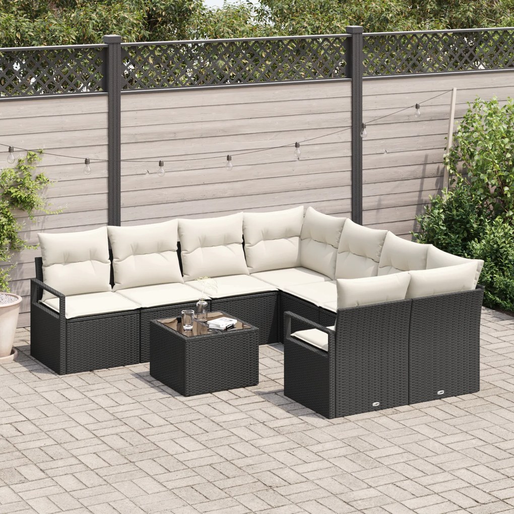 Conjunto de Sofás de Jardim vidaXL de 9 Peças com Almofadas Preto Rata