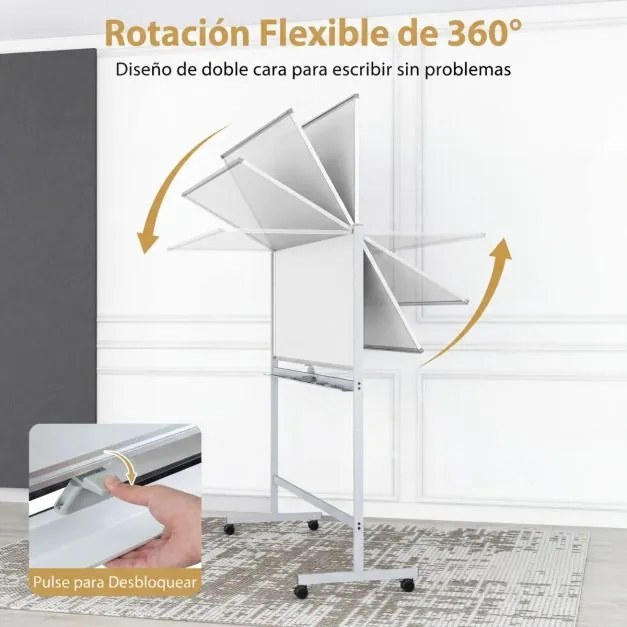 Quadro magnético 156 x 54 x 195/215 cm dupla face móvel com suporte ajustável e rodas bloqueáveis para escritório, casa e sala de aula Branco
