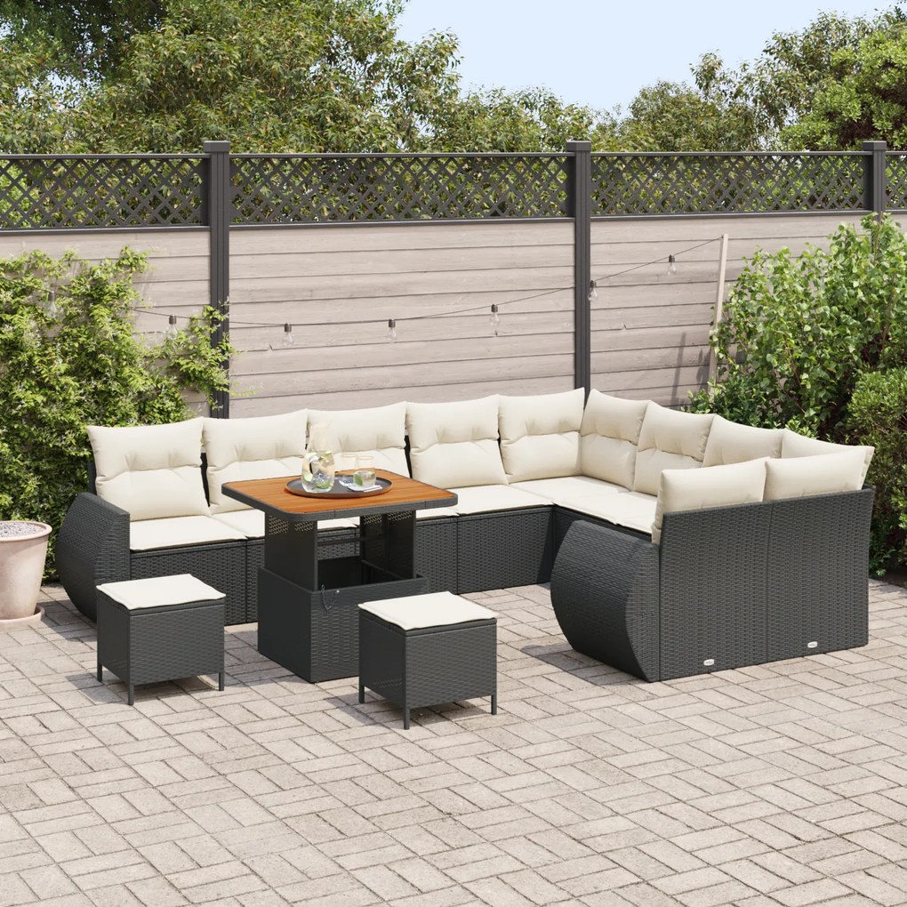 Conjunto de Sofá de Jardim de 12 peças com Almofadas Preto Polyrattan